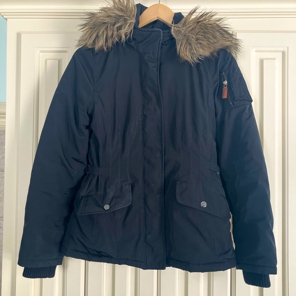 Banana Republic Winter Parka Size Petite XS Black Faux Fur Trim Hood Coat Jacket